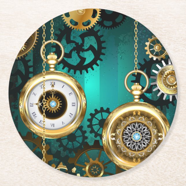 Steampunk Jewellery Watch on a Green Background Round Paper Coaster (Front)