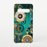 Steampunk Jewellery Watch on a Green Background Samsung Galaxy Case<br><div class="desc">Jewellery,  gold watch with a gold chain and keys on a green textural background. Steampunk style.</div>