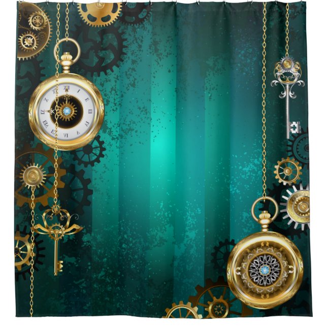 Steampunk Jewellery Watch on a Green Background Shower Curtain (Front)
