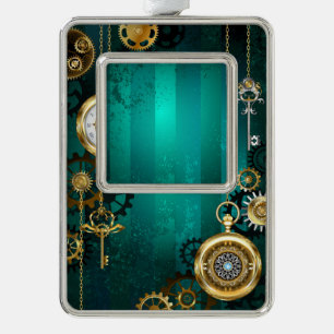 Steampunk Jewellery Watch on a Green Background Silver Plated Framed Ornament