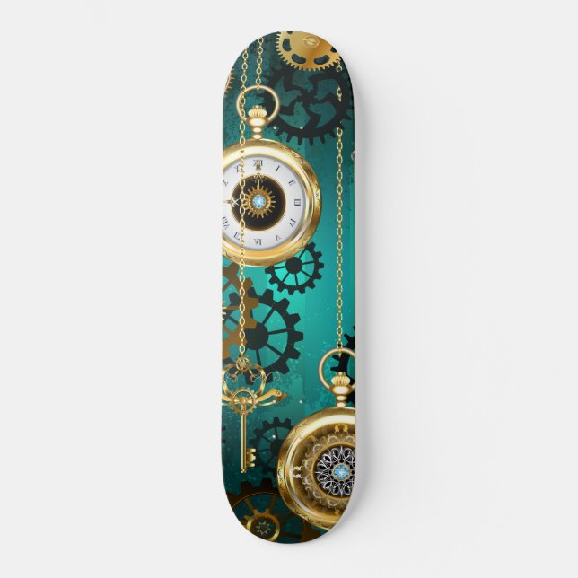Steampunk Jewellery Watch on a Green Background Skateboard (Front)