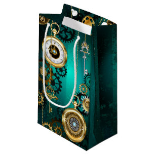 Steampunk Jewellery Watch on a Green Background Small Gift Bag