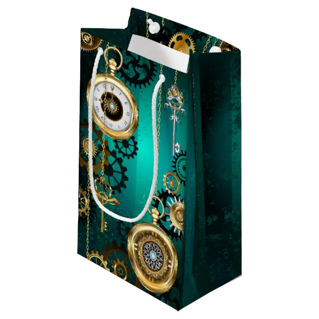 Steampunk Jewellery Watch on a Green Background Small Gift Bag (Front Angled)