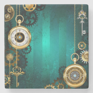 Steampunk Jewellery Watch on a Green Background Stone Coaster