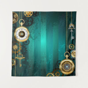 Steampunk Jewellery Watch on a Green Background Tapestry