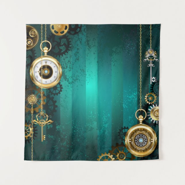 Steampunk Jewellery Watch on a Green Background Tapestry (Front)