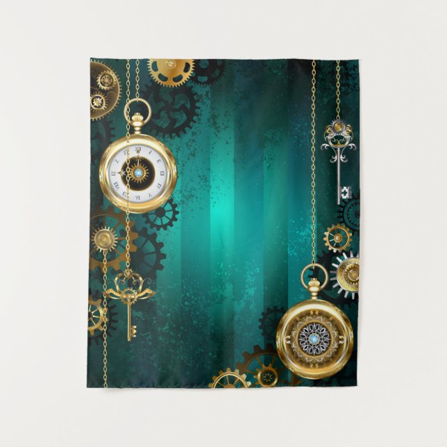 Steampunk Jewellery Watch on a Green Background Tapestry (Front)