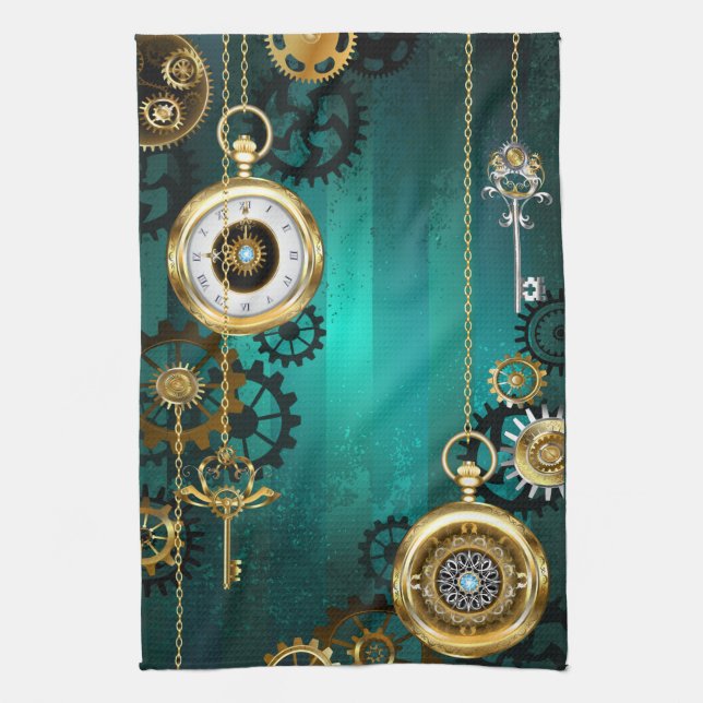 Steampunk Jewellery Watch on a Green Background Tea Towel (Vertical)