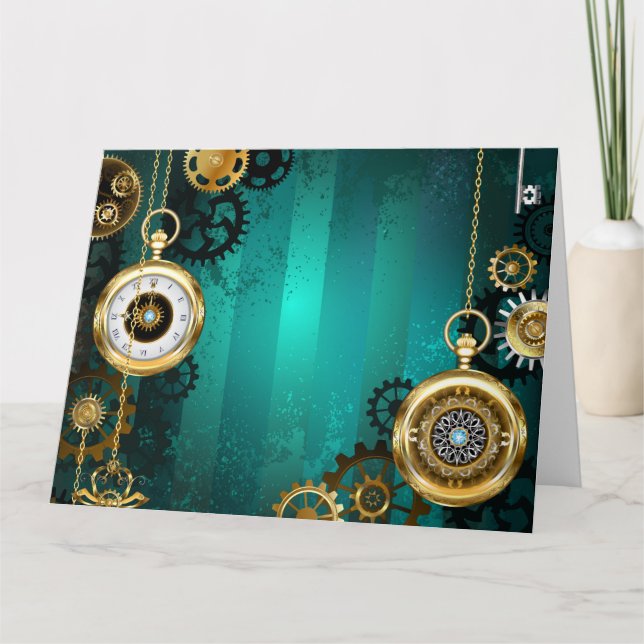 Steampunk Jewellery Watch on a Green Background Thank You Card (Front)