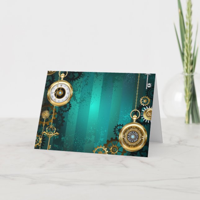 Steampunk Jewellery Watch on a Green Background Thank You Card (Front)