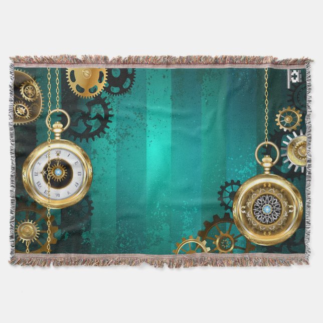 Steampunk Jewellery Watch on a Green Background Throw Blanket (Front)