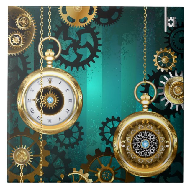 Steampunk Jewellery Watch on a Green Background Tile (Front)
