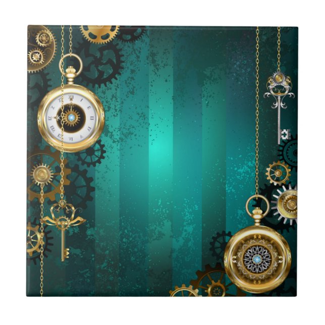 Steampunk Jewellery Watch on a Green Background Tile (Front)