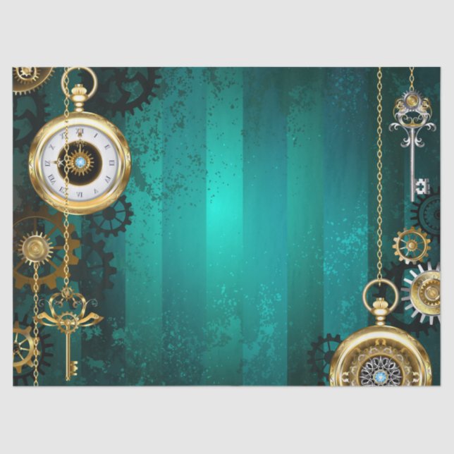 Steampunk Jewellery Watch on a Green Background Tissue Paper (Front)