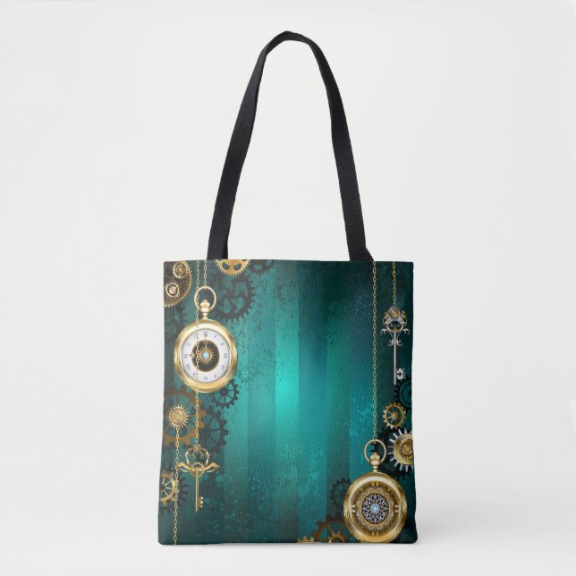 Steampunk Jewellery Watch on a Green Background Tote Bag (Front)