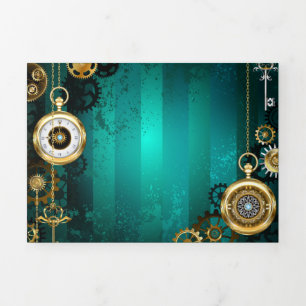 Steampunk Jewellery Watch on a Green Background Tri-Fold Announcement