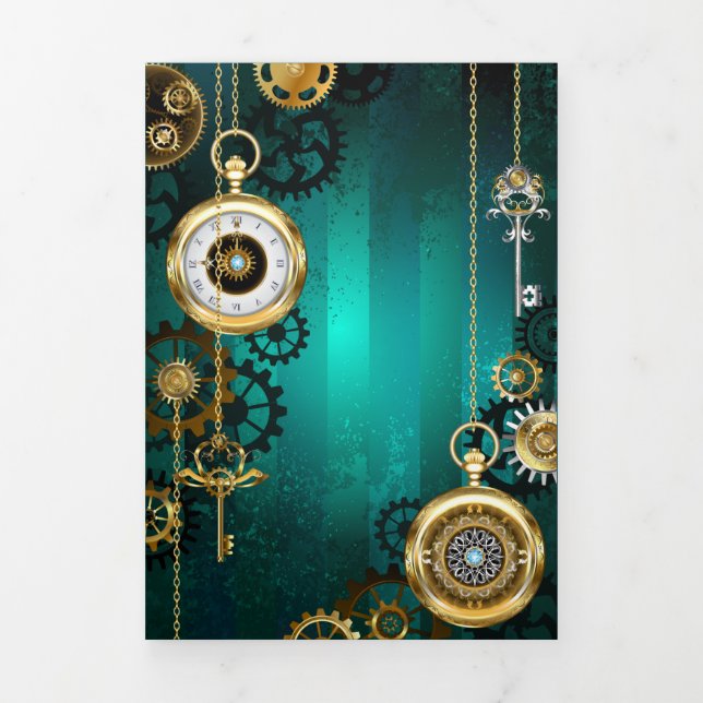 Steampunk Jewellery Watch on a Green Background Tri-Fold Holiday Card (Cover)