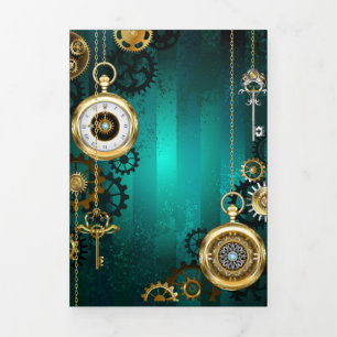 Steampunk Jewellery Watch on a Green Background Tri-Fold Invitation