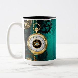 Steampunk Jewellery Watch on a Green Background Two-Tone Coffee Mug
