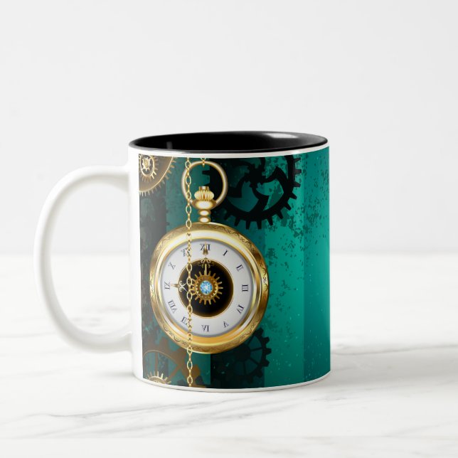 Steampunk Jewellery Watch on a Green Background Two-Tone Coffee Mug (Left)