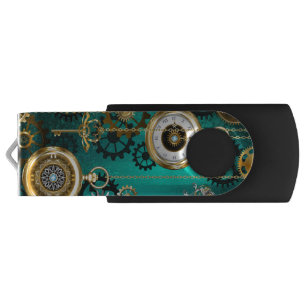 Steampunk Jewellery Watch on a Green Background USB Flash Drive