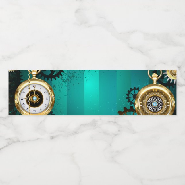 Steampunk Jewellery Watch on a Green Background Water Bottle Label (Single Label)