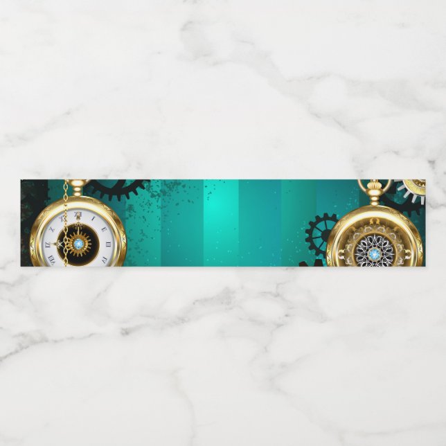 Steampunk Jewellery Watch on a Green Background Water Bottle Label (Single Label)