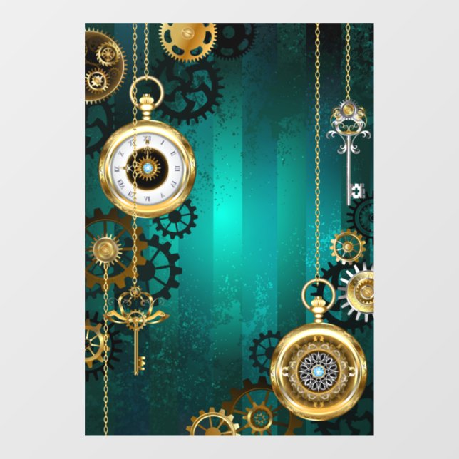 Steampunk Jewellery Watch on a Green Background Window Cling (Sheet)
