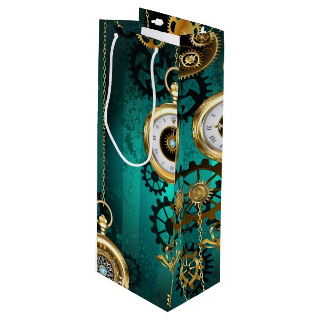 Steampunk Jewellery Watch on a Green Background Wine Gift Bag (Front Angled)