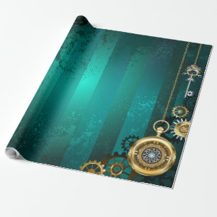 Steampunk Jewellery Watch on a Green Background Wrapping Paper