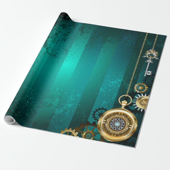 Steampunk Jewellery Watch on a Green Background Wrapping Paper (Unrolled)