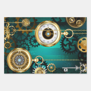Steampunk Jewellery Watch on a Green Background Wrapping Paper Sheet