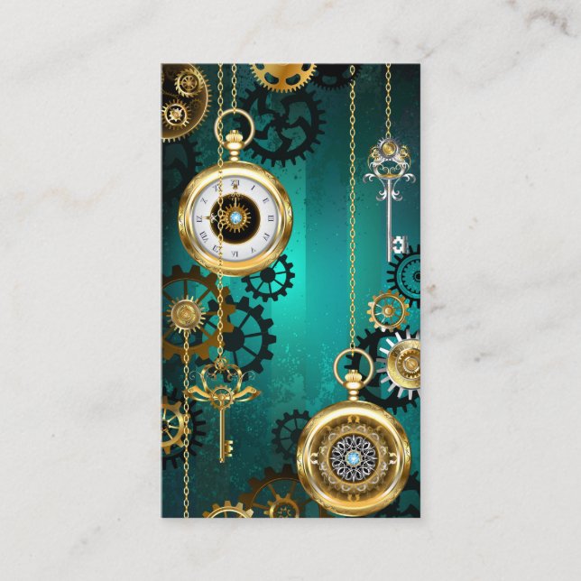 Steampunk Jewelry Watch on a Green Background Business Card (Front)