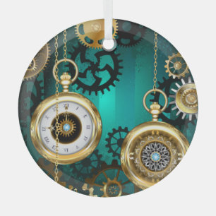 Steampunk Jewelry Watch on a Green Background Glass Tree Decoration