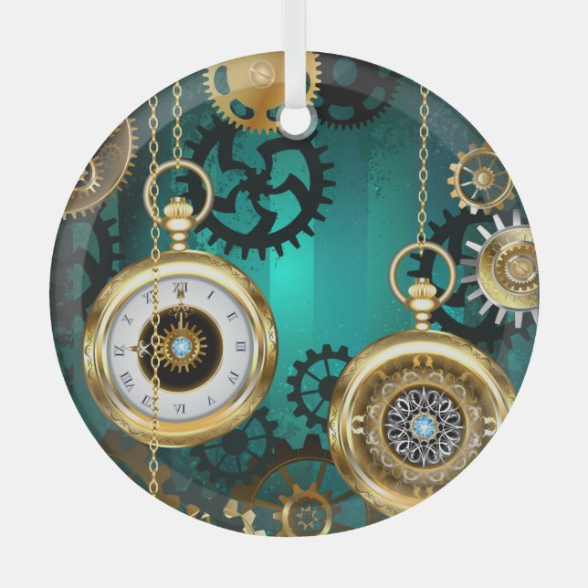 Steampunk Jewelry Watch on a Green Background Glass Tree Decoration (Front)
