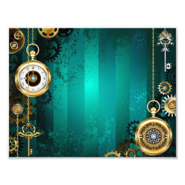Steampunk Jewelry Watch on a Green Background Photo Print (Front)