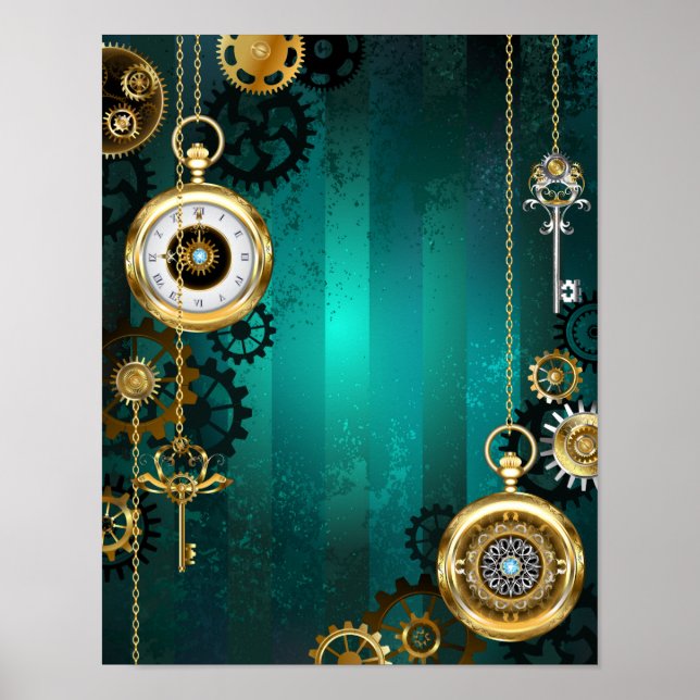 Steampunk Jewelry Watch on a Green Background Poster (Front)