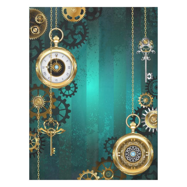 Steampunk Jewelry Watch on a Green Background Tablecloth (Front)