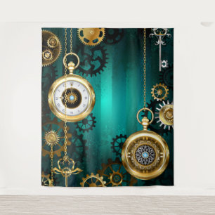 Steampunk Jewelry Watch on a Green Background Tapestry