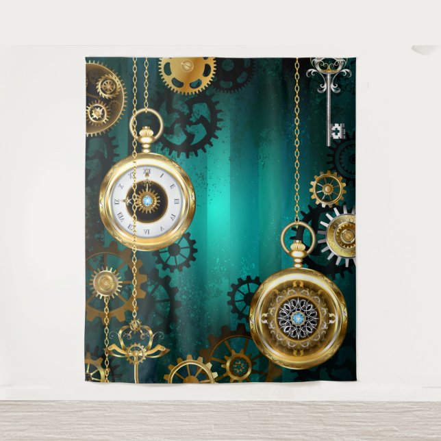 Steampunk Jewelry Watch on a Green Background Tapestry (Front)
