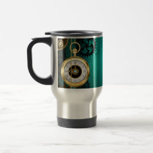Steampunk Jewelry Watch on a Green Background Travel Mug