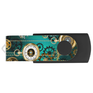 Steampunk Jewelry Watch on a Green Background USB Flash Drive