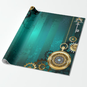 Steampunk Jewelry Watch on a Green Background Wrapping Paper