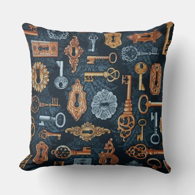 Steampunk Keys and Key Holes Pattern Throw PIllow (Front)