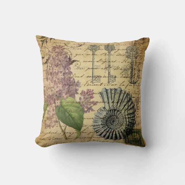 steampunk keys french botanical purple lilac cushion (Front)