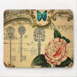 steampunk keys modern vintage pink flower camellia mouse mat