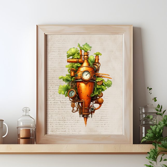 Steampunk kitchen art, Carrot Poster (Steampunk wall art shown in a frame on a kitchen shelf)