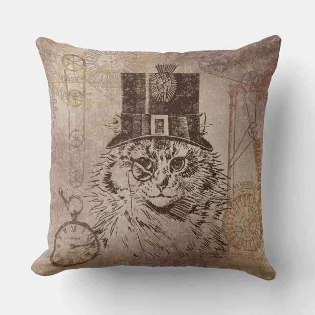Steampunk Kitty Cat in Top Hat, Gears, Pocketwatch Cushion (Front)