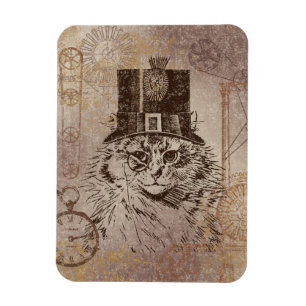 Steampunk Kitty Cat in Top Hat, Gears, Pocketwatch Magnet