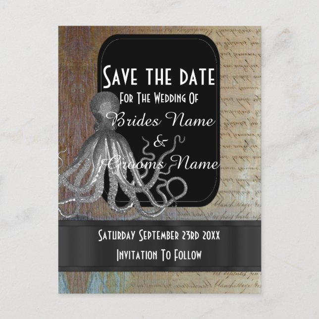 Steampunk kraken fantasy save the date announcement postcard (Front)